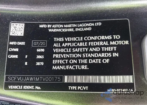 2021 Aston Martin Dbx z USA, uszkodzony, nr VIN SCFVUJAW1MTV00175